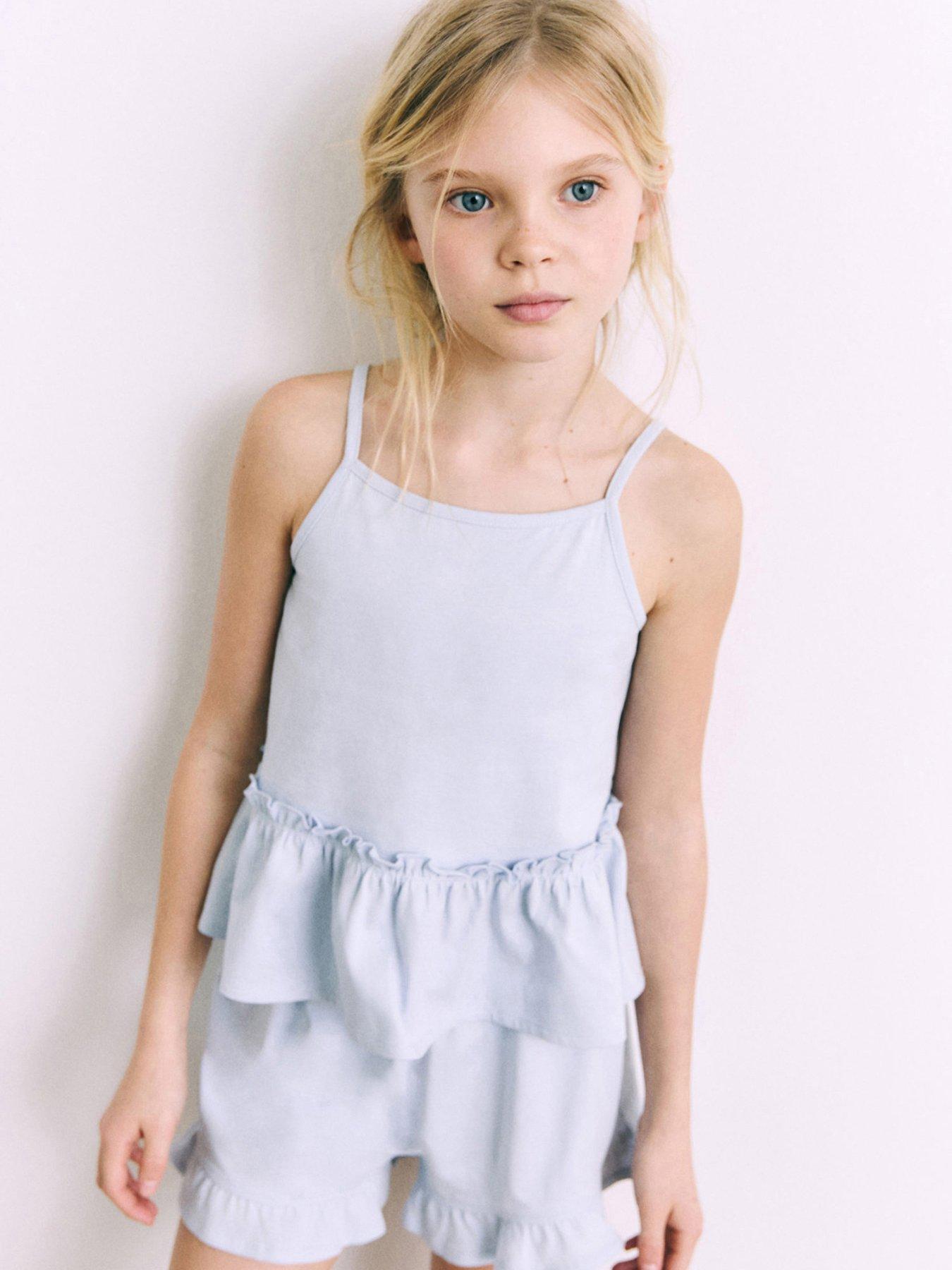 Image 1 of 5 of Mango Girls Frill Strappy Shorty Pyjamas - Blue