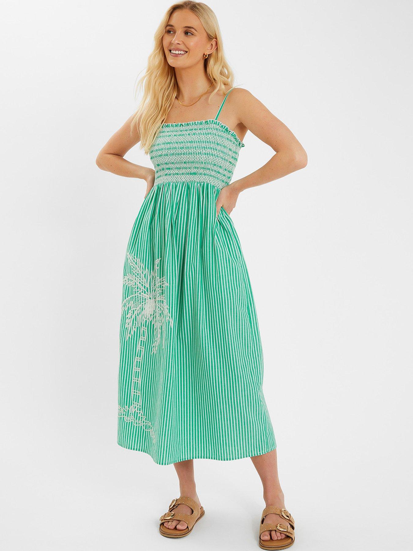 undefined Stripe Palm Embroidered Midi Dress - Green