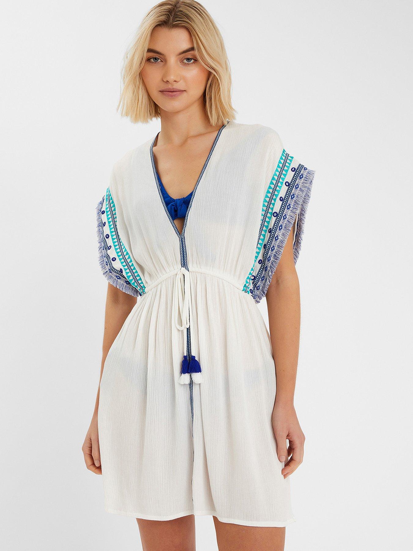 Image 1 of 4 of Accessorize Tape Detail Kaftan - White