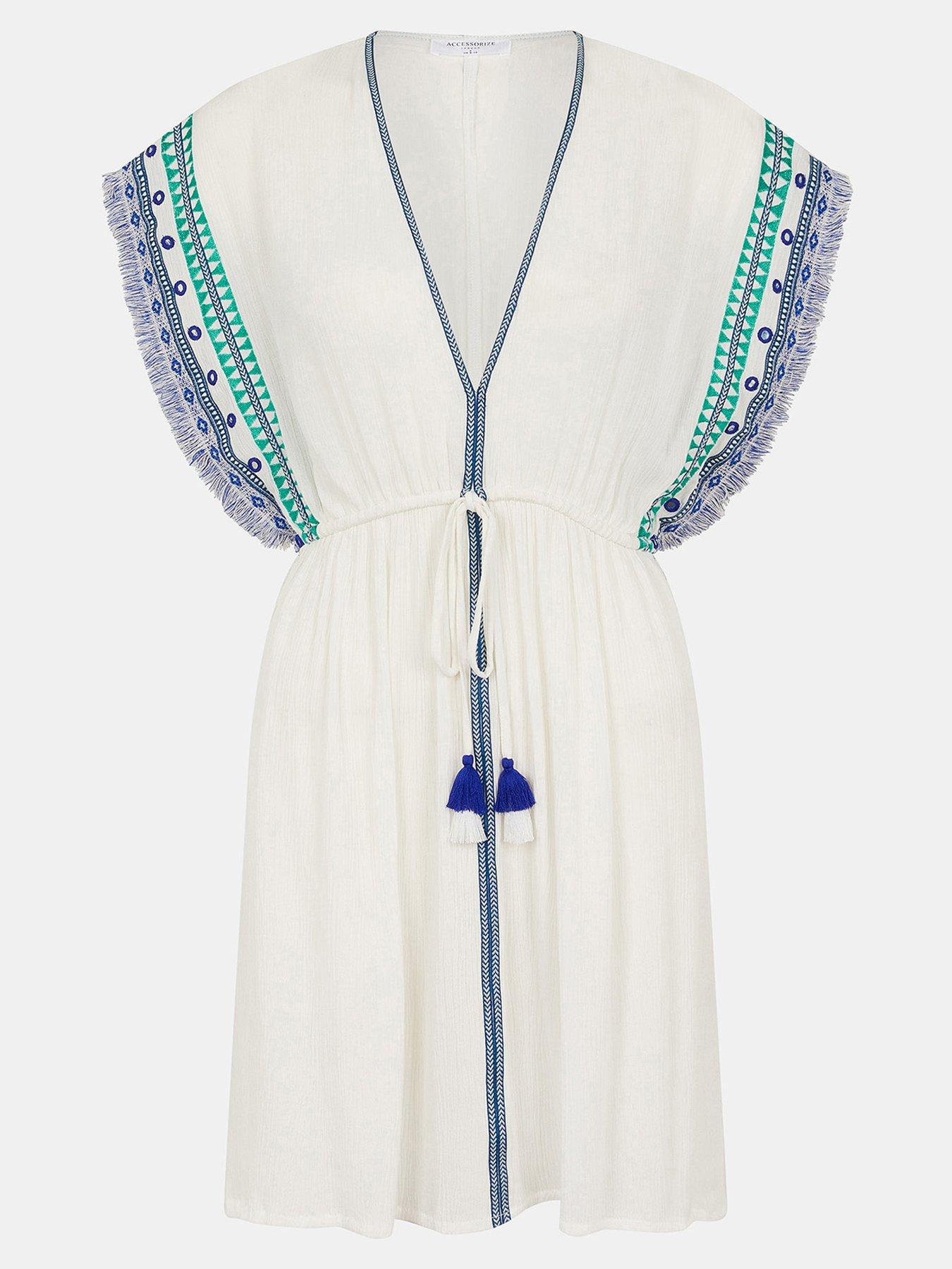 Image 3 of 4 of Accessorize Tape Detail Kaftan - White