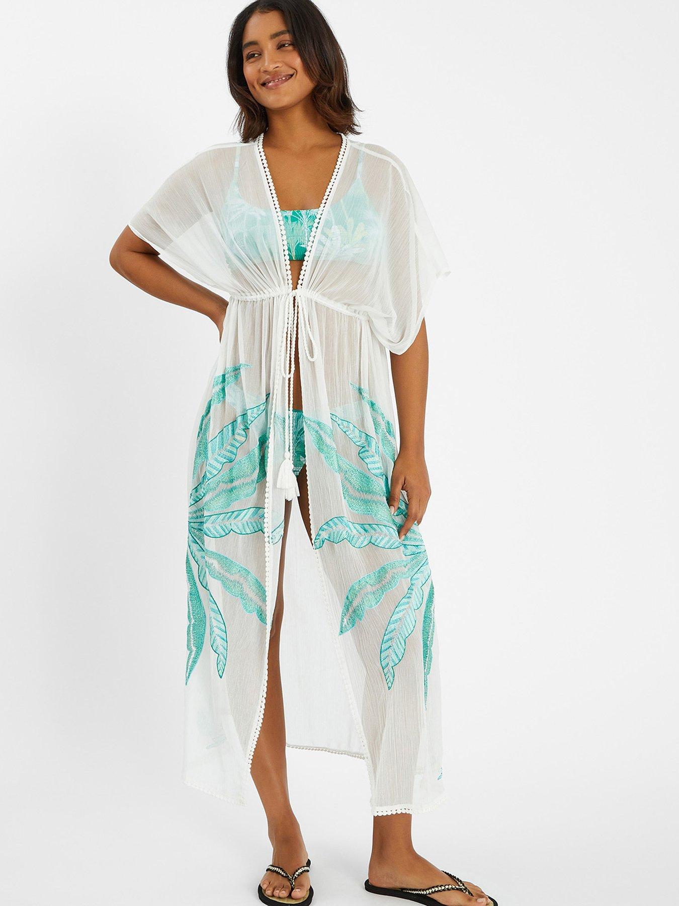 undefined Palm Embroidered Maxi Kaftan - Ivory