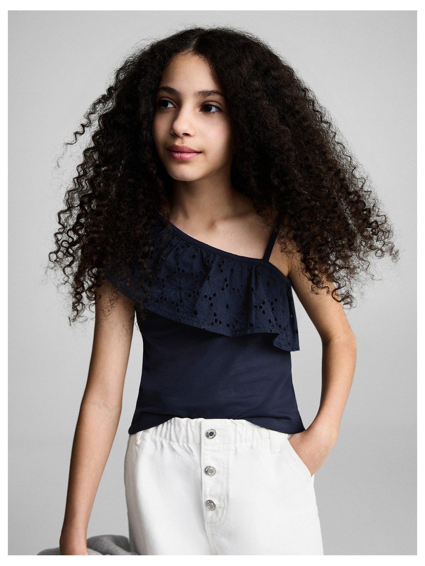 undefined Girls One Shoulder Frill Top - Navy