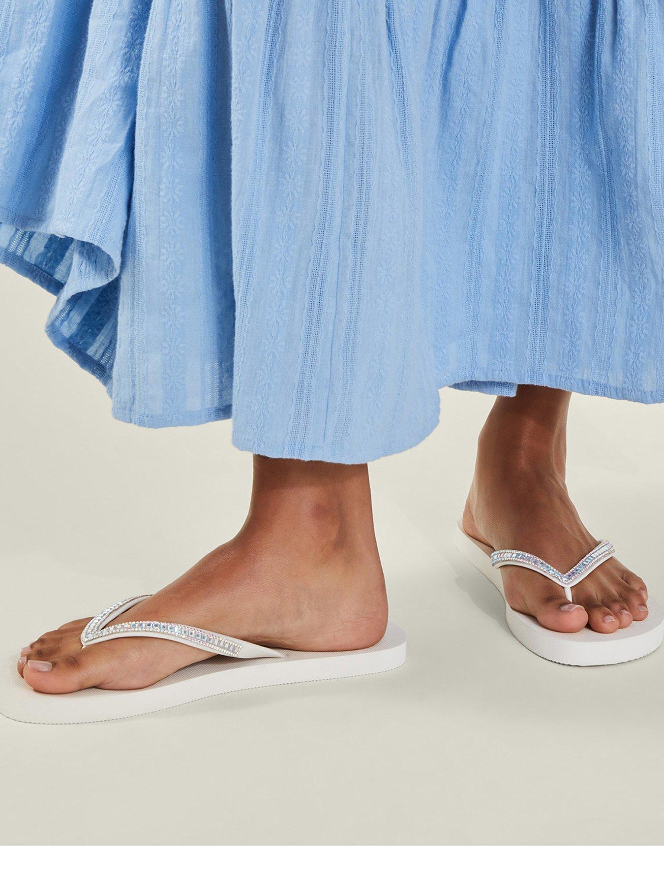 Image 2 of 4 of Accessorize Crystal Embellished Flip Flops - Cream