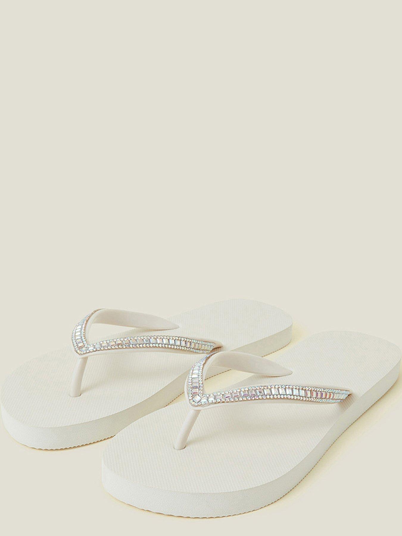 Image 3 of 4 of Accessorize Crystal Embellished Flip Flops - Cream