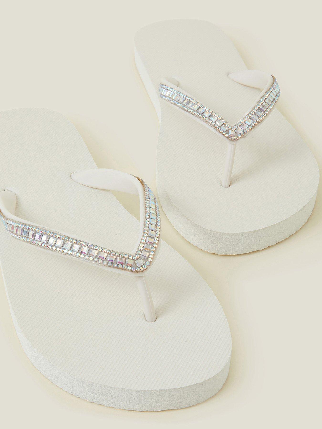 Image 4 of 4 of Accessorize Crystal Embellished Flip Flops - Cream