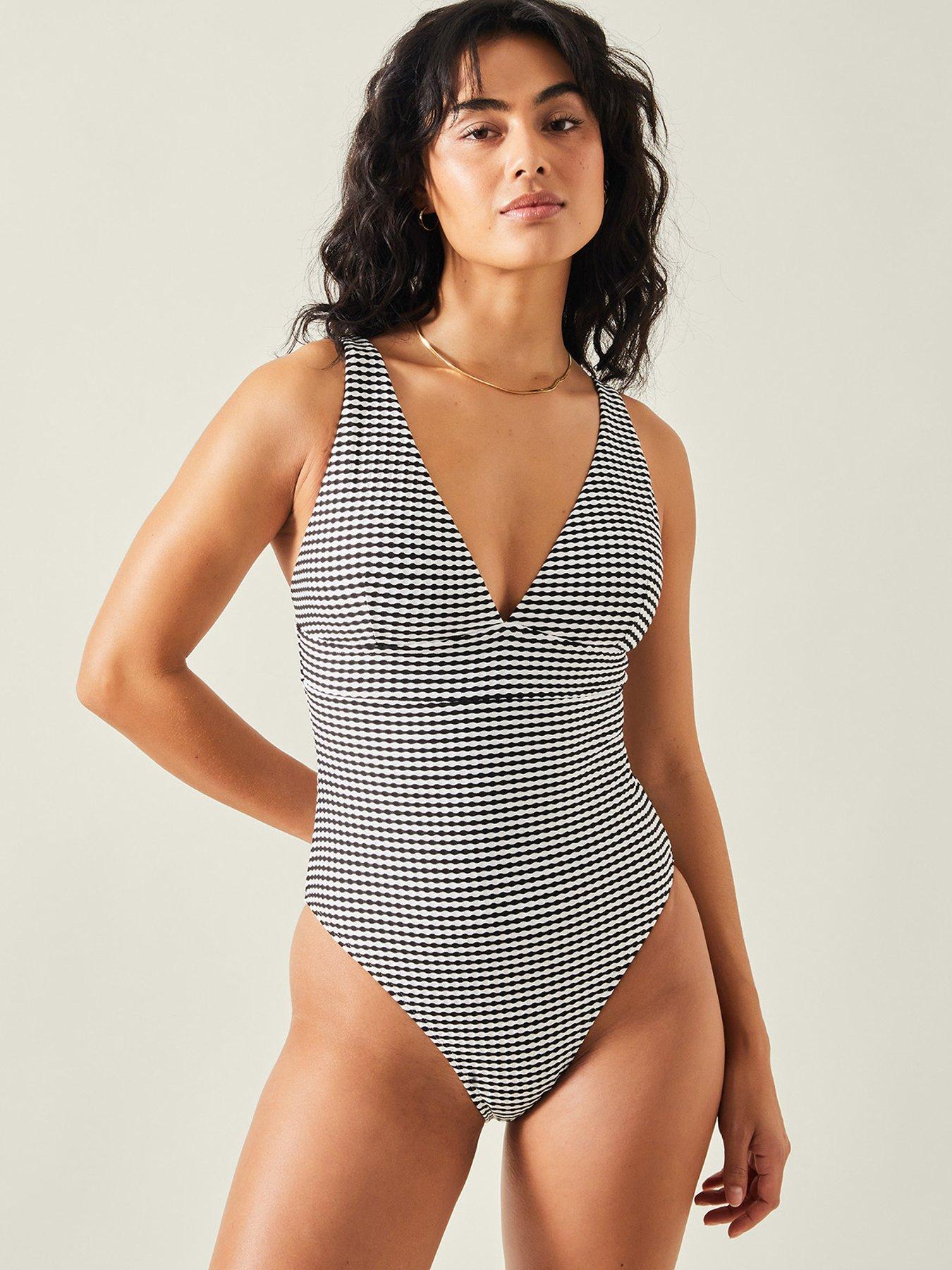 undefined Seersucker  Plunge Swimsuit - Black White