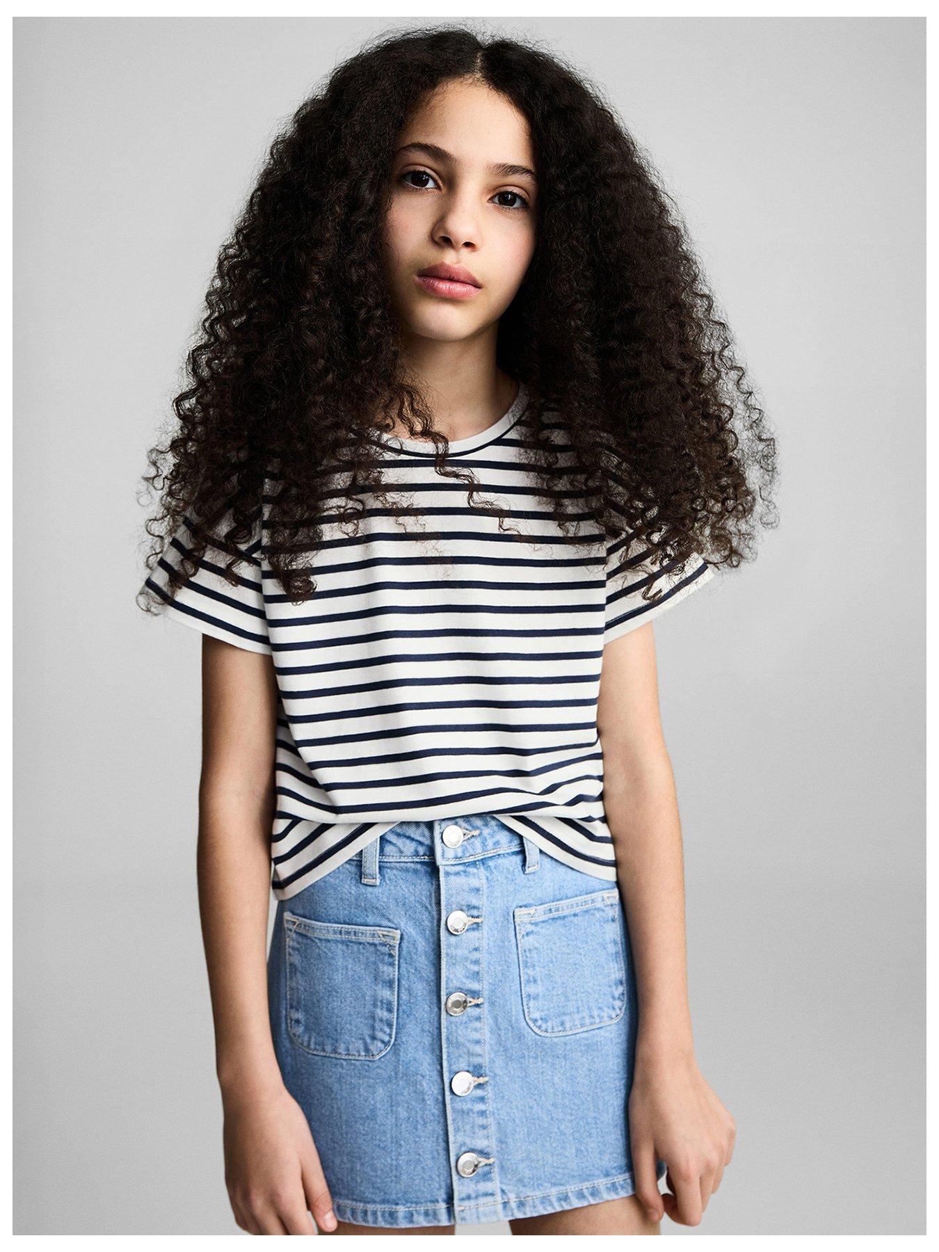 undefined Girls Stripe Short Sleeve Cold Shoulder T-Shirt - Navy