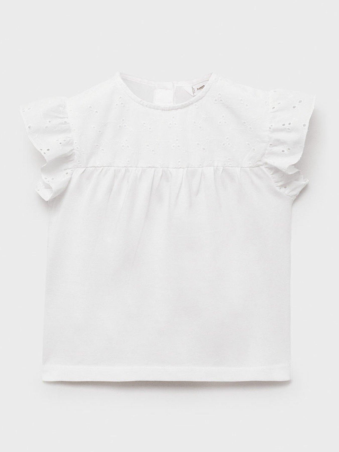 undefined Younger Girls Broderie Cap Sleeve Tshirt - Light Cream