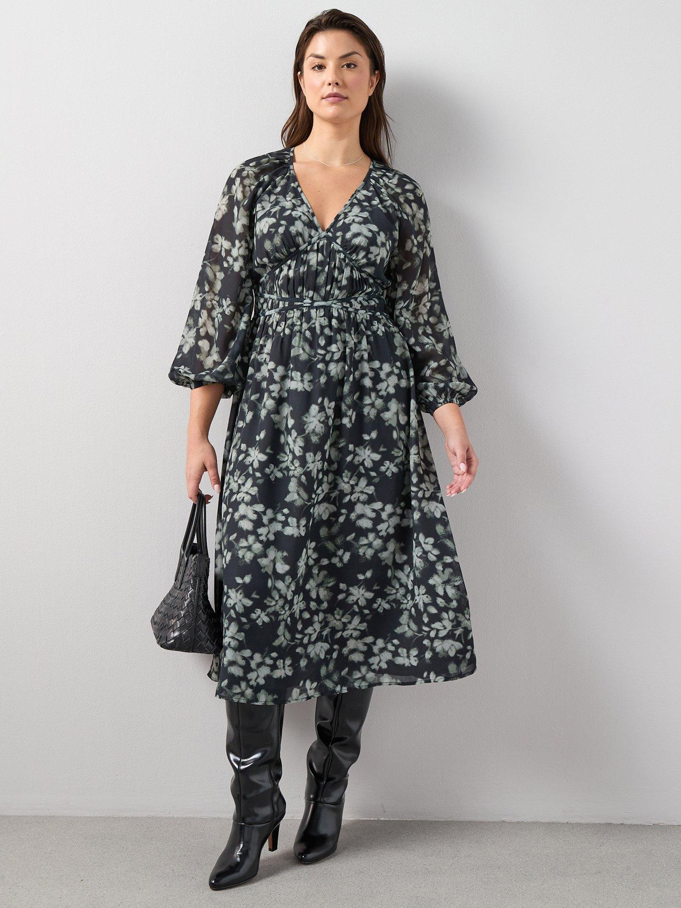 V by Very Curve Waist Detail Woven Midi Dress - Print