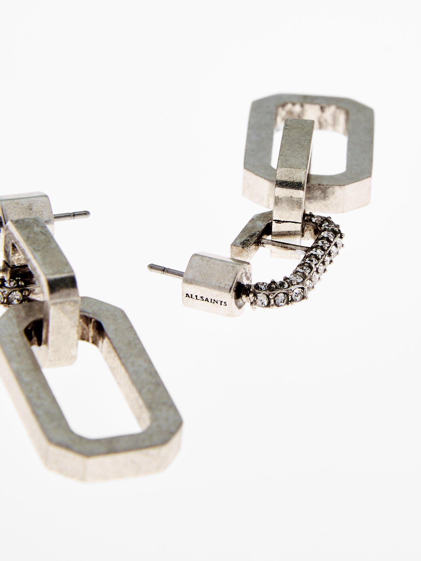 Image 4 of 4 of AllSaints Crystal Hex Double Drop Earrings - Silver