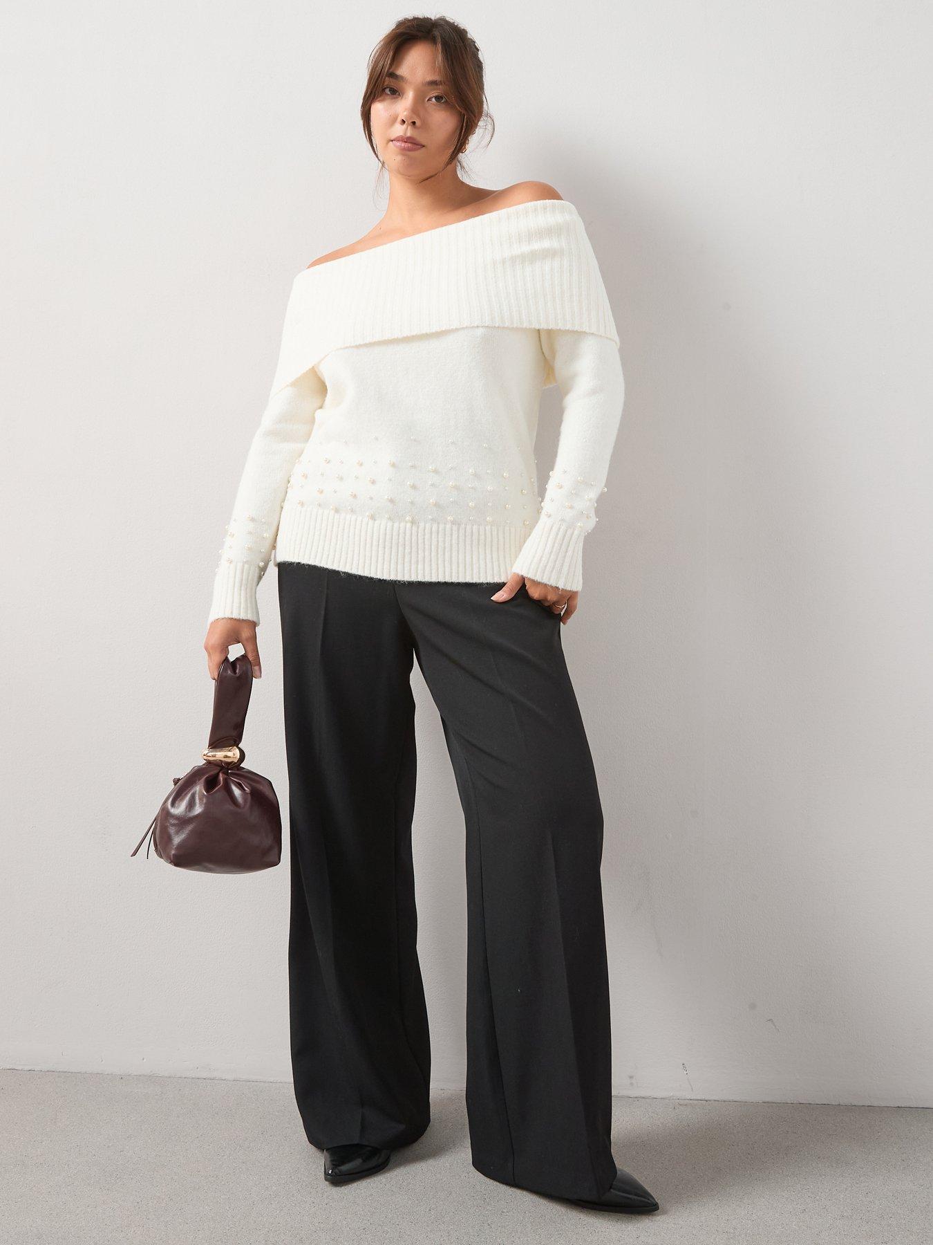 The Very Collection Curve Pearl Trim Off Shoulder Jumper - White