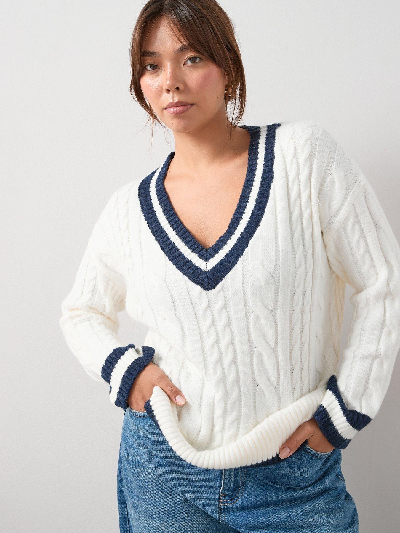 V by Very Curve Cable Contrast Neck Jumper - White