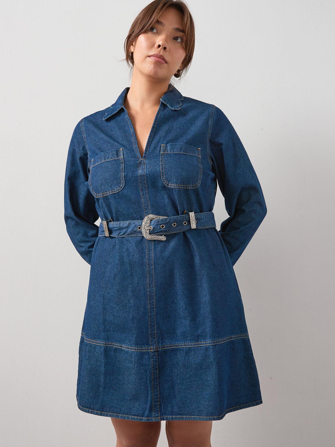 V by Very Curve Collar Detail Belted Denim Mini Dress - Dark Wash