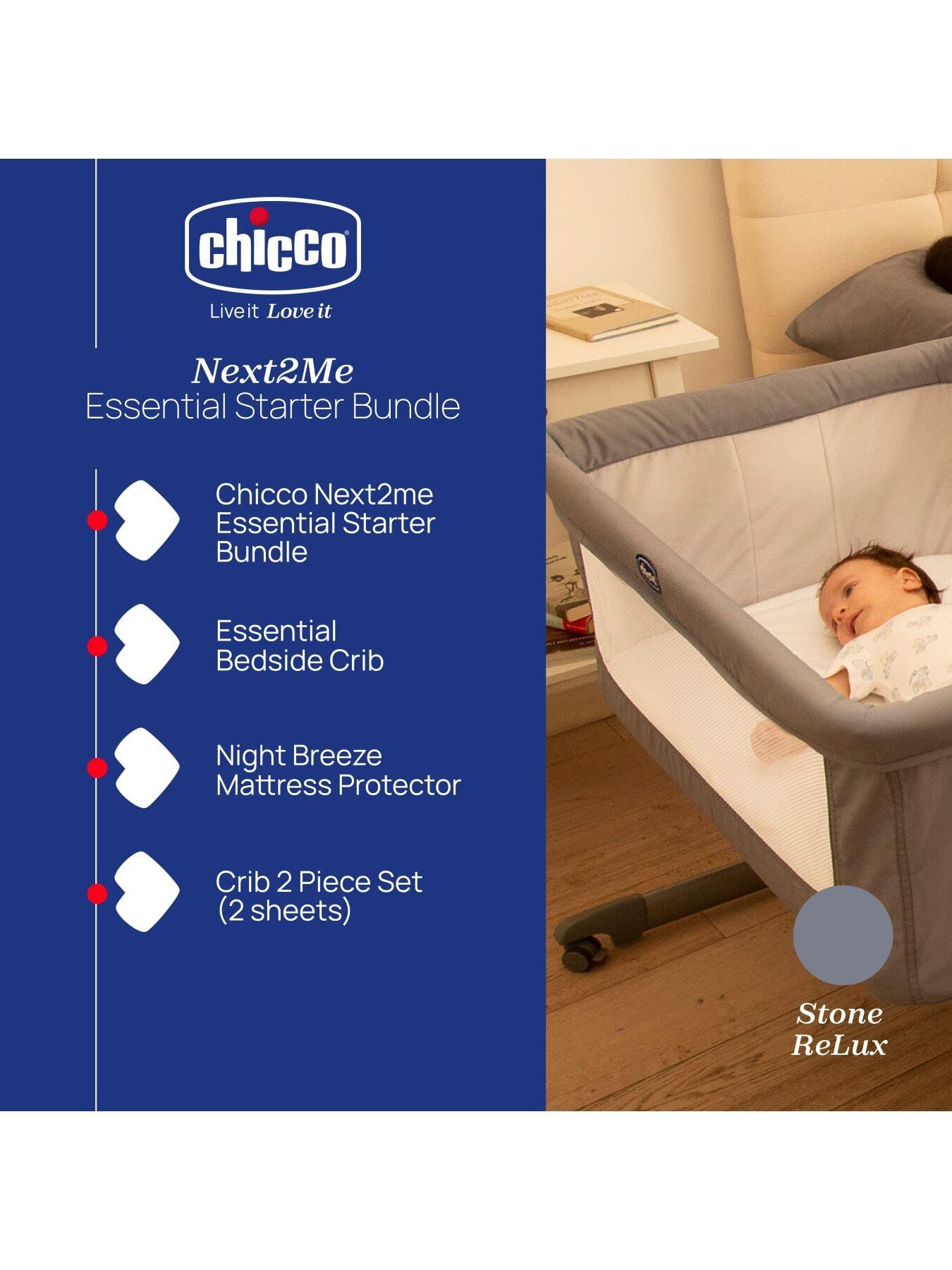 Image 2 of 6 of Chicco Next2Me Bedside Crib, Mattress Protector &amp; 2 Fitted Sheets, Grey Fox