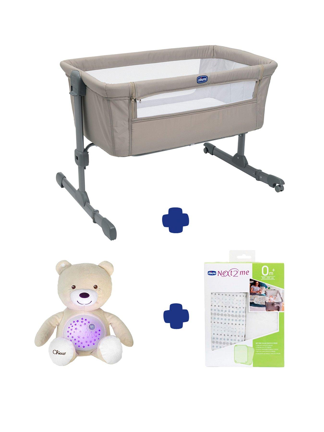 Image 1 of 6 of Chicco Next2Me Essential Crib, Plush Bear Projector &amp; 2 Crib Sheets, Air