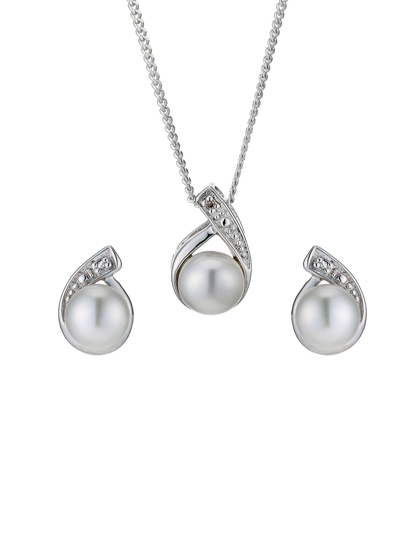 undefined Sterling Silver Earring Sterling Silver Necklace Set. Diamond & Cultured Pearl Pendant & Earrings Set
