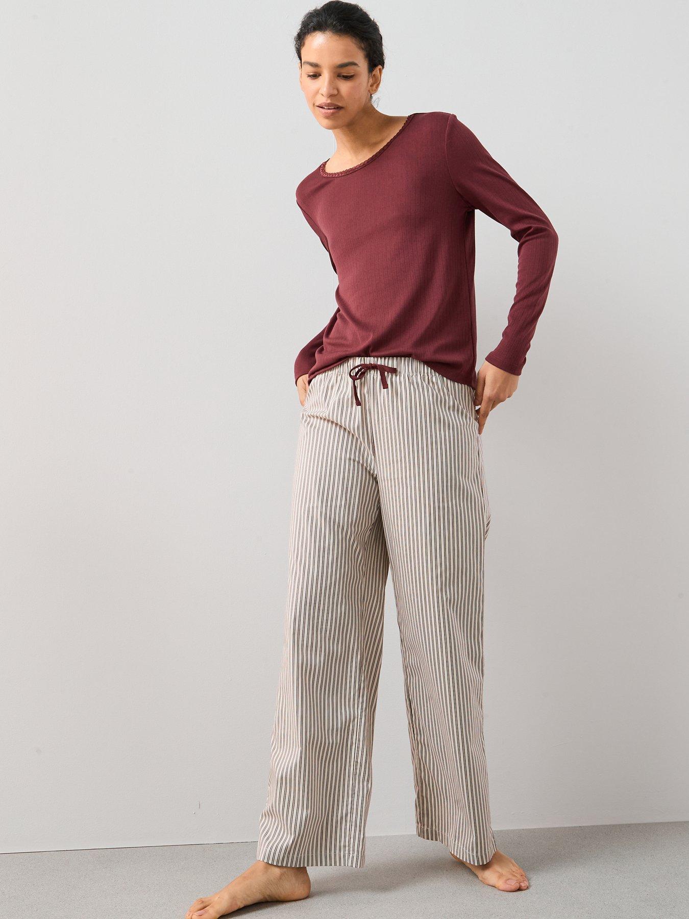 The Very Collection Pointelle Henley With Stripe Woven Wide Leg Pyjama Set - Burgundy