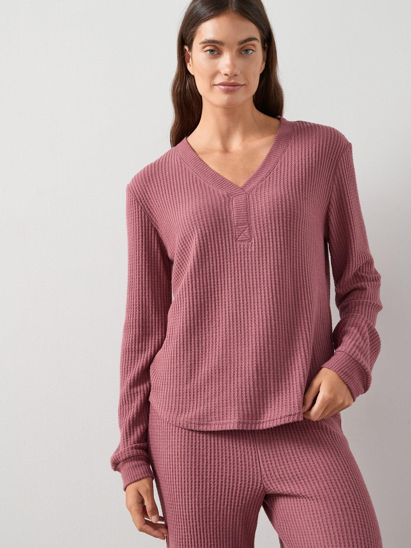 La Miel Deep V-Neck Long Sleeve Waffle Top in White