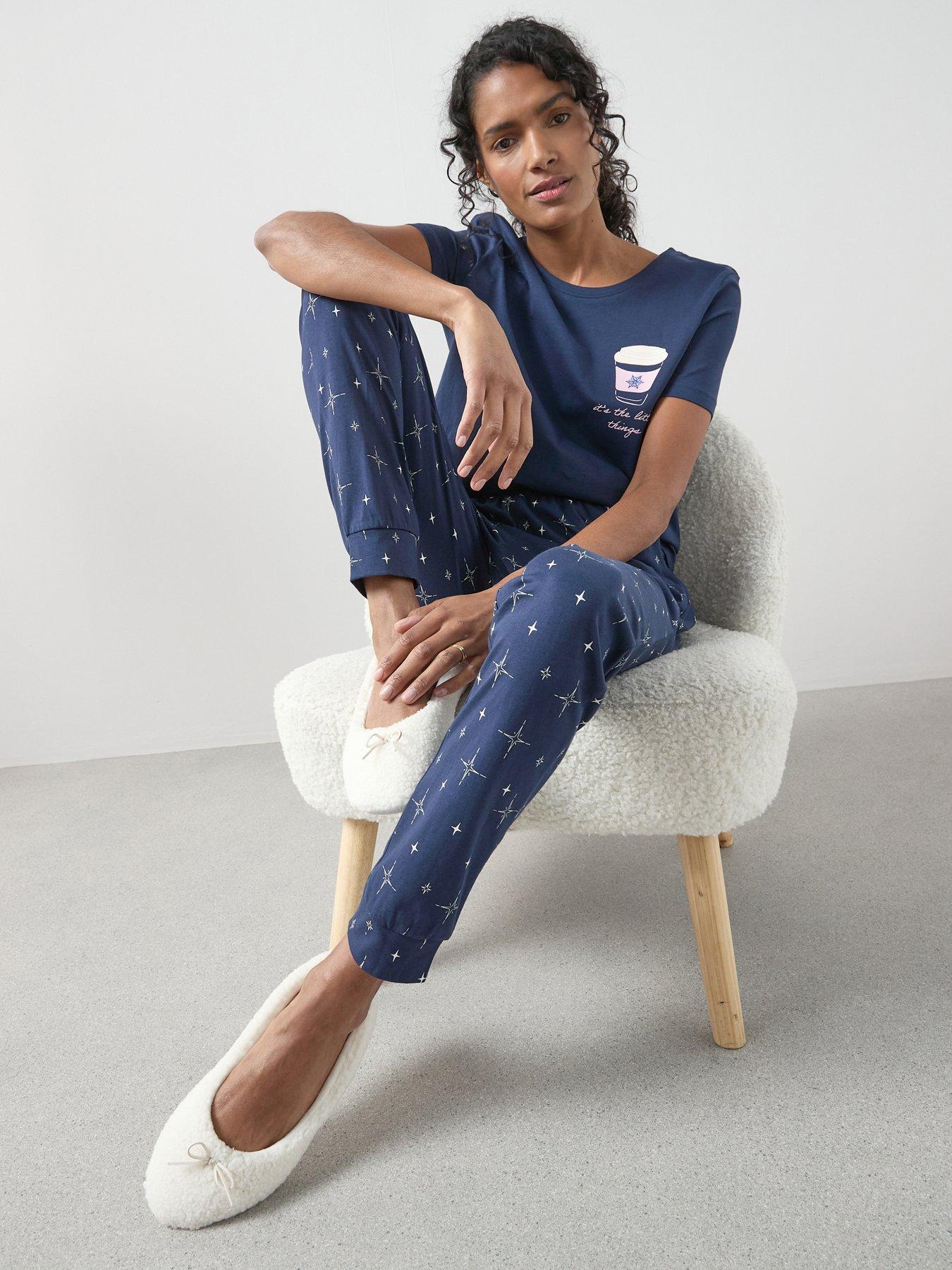 The Very Collection Short Sleeve Coffee Cup And Jogger Pj Set - Navy