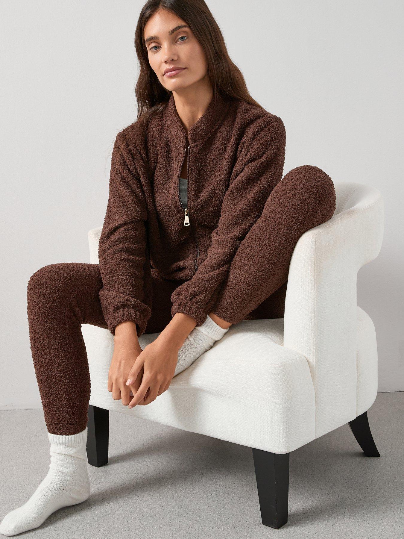The Very Collection Zip Up Borg Bomber and Jogger Loungewear Set - Brown