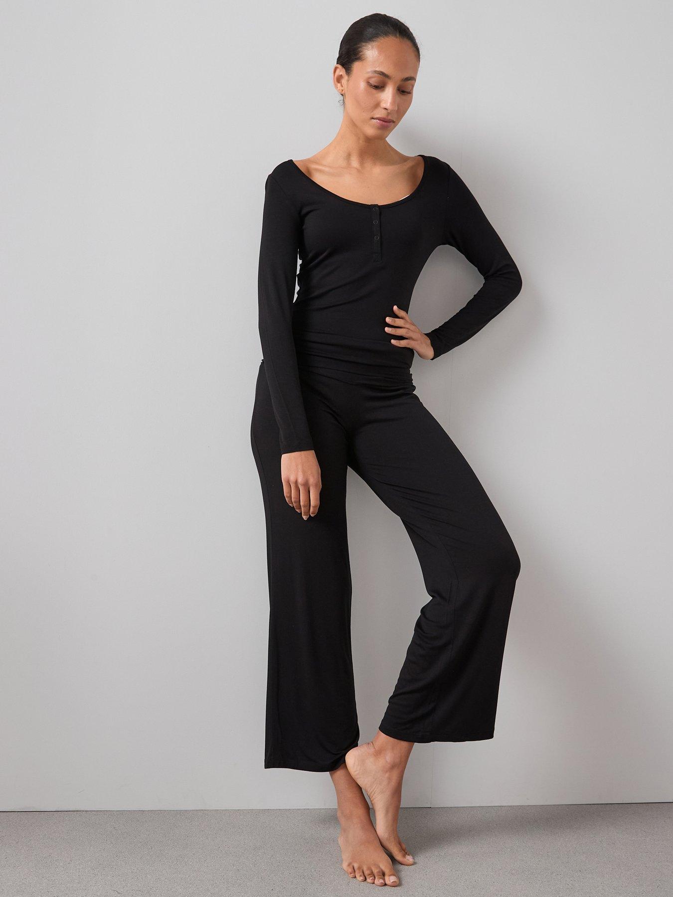 The Very Collection Ve Henley Top And Turn Up Waistband Wide Leg Pj Set - Black