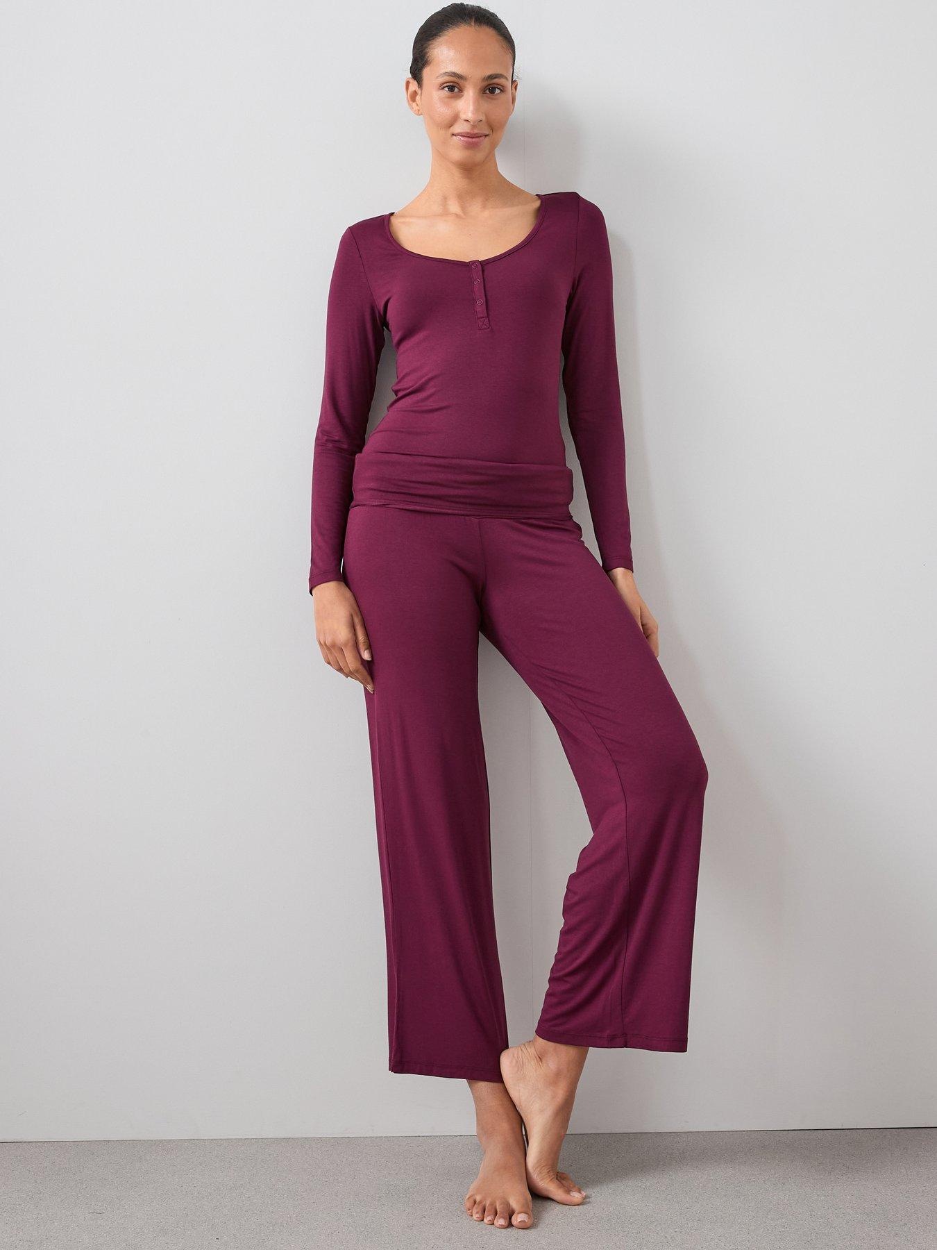 The Very Collection Ve Henley Top And Turn Up Waistband Wide Leg Pj Set - Purple
