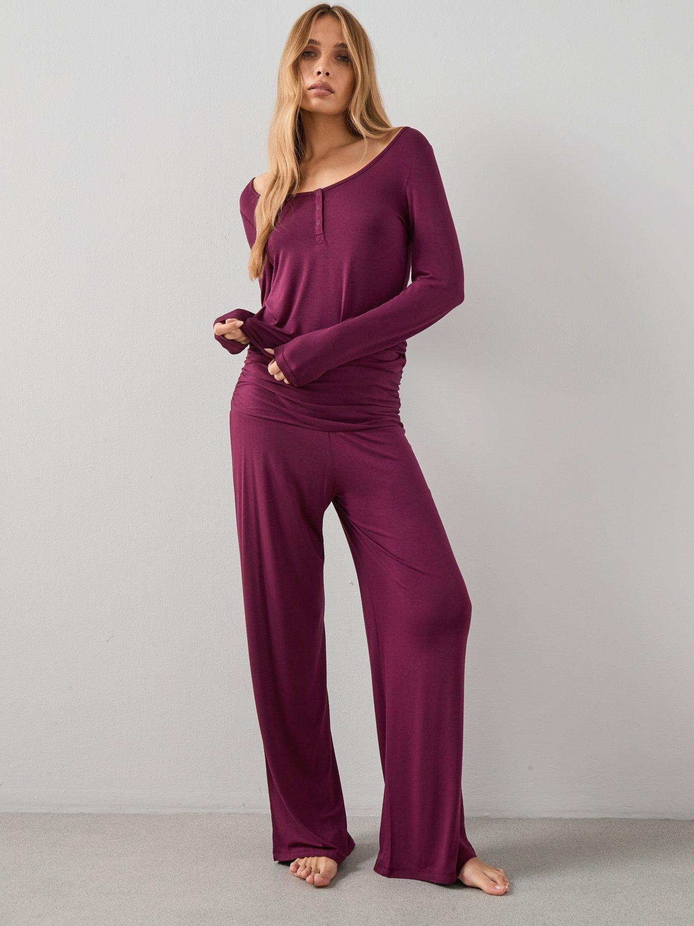 Image 1 of 7 of The Very Collection Henley Top And Turn Up Waistband Wide Leg Pyjama Set - Purple