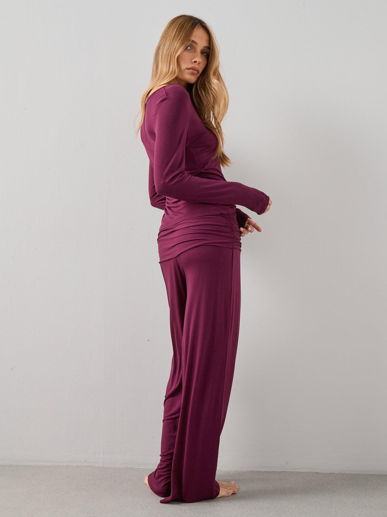 Image 2 of 7 of The Very Collection Henley Top And Turn Up Waistband Wide Leg Pyjama Set - Purple