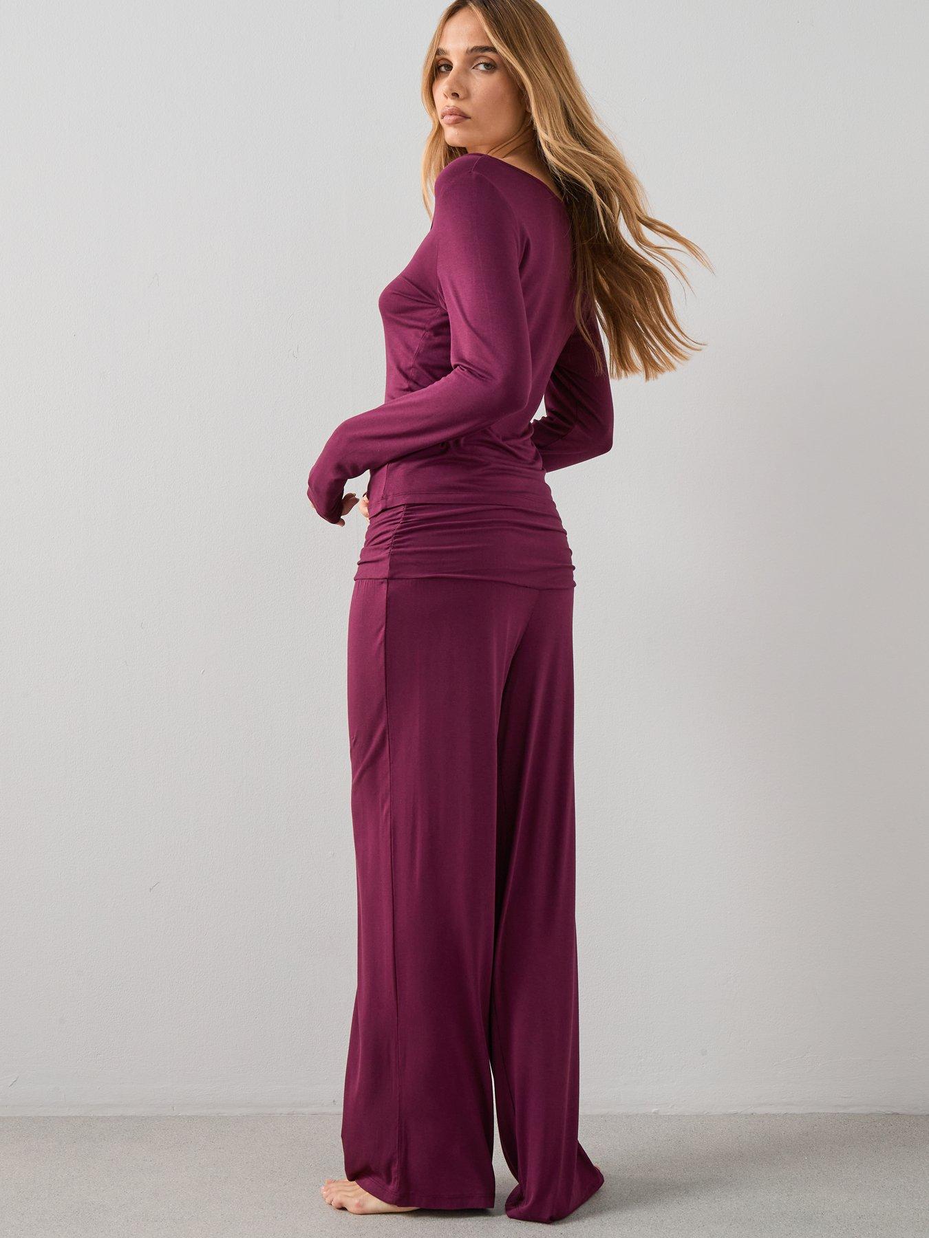Image 3 of 7 of The Very Collection Henley Top And Turn Up Waistband Wide Leg Pyjama Set - Purple