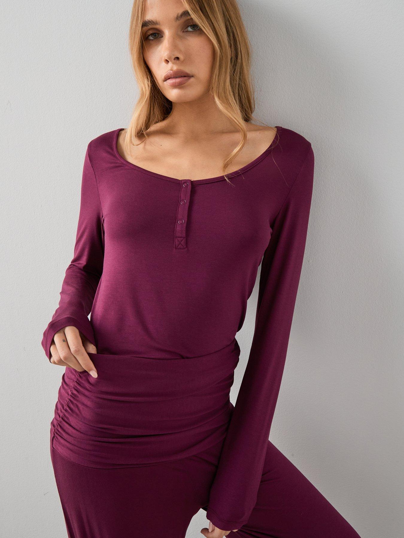 Image 4 of 7 of The Very Collection Henley Top And Turn Up Waistband Wide Leg Pyjama Set - Purple