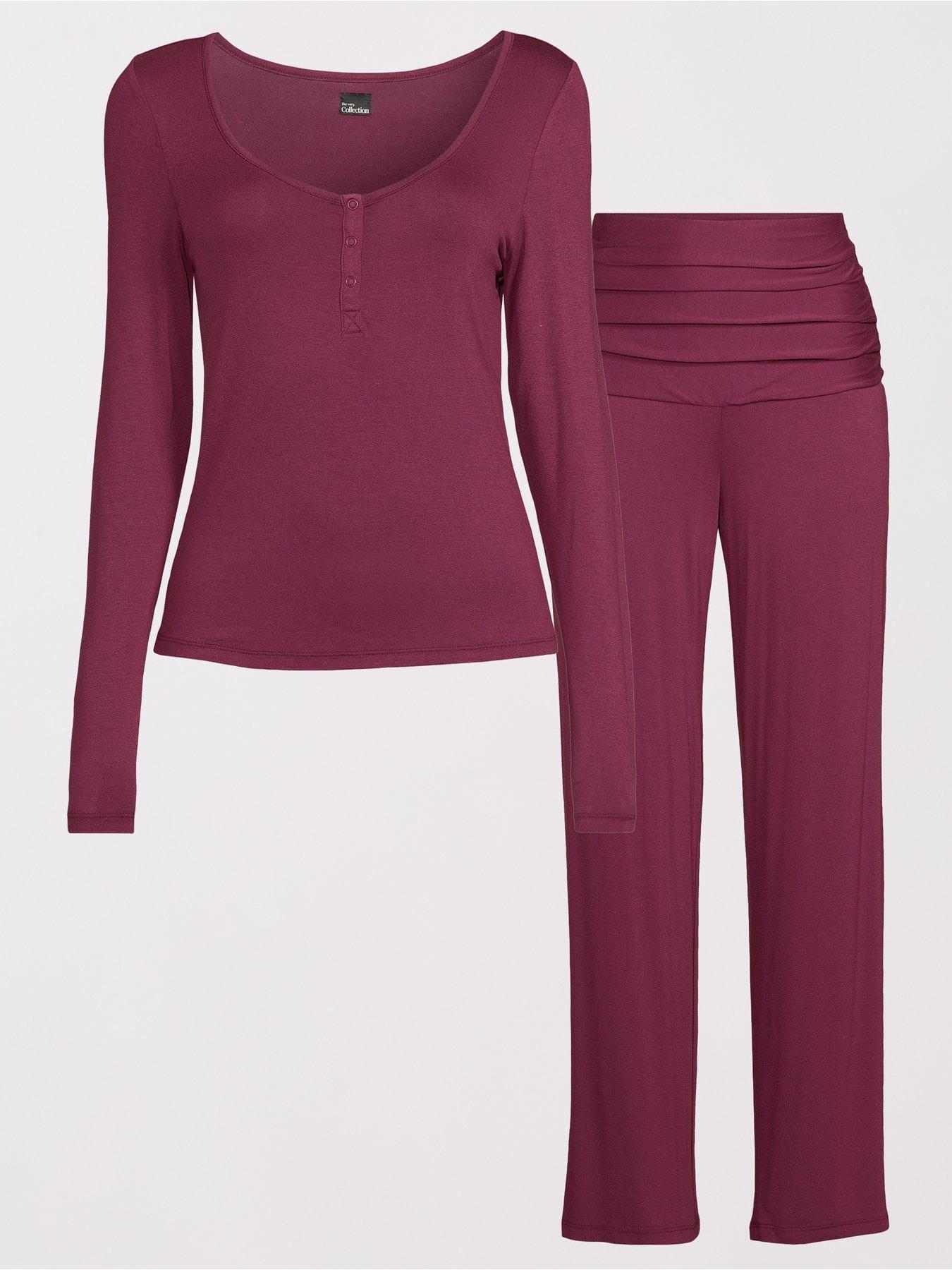 Image 7 of 7 of The Very Collection Henley Top And Turn Up Waistband Wide Leg Pyjama Set - Purple