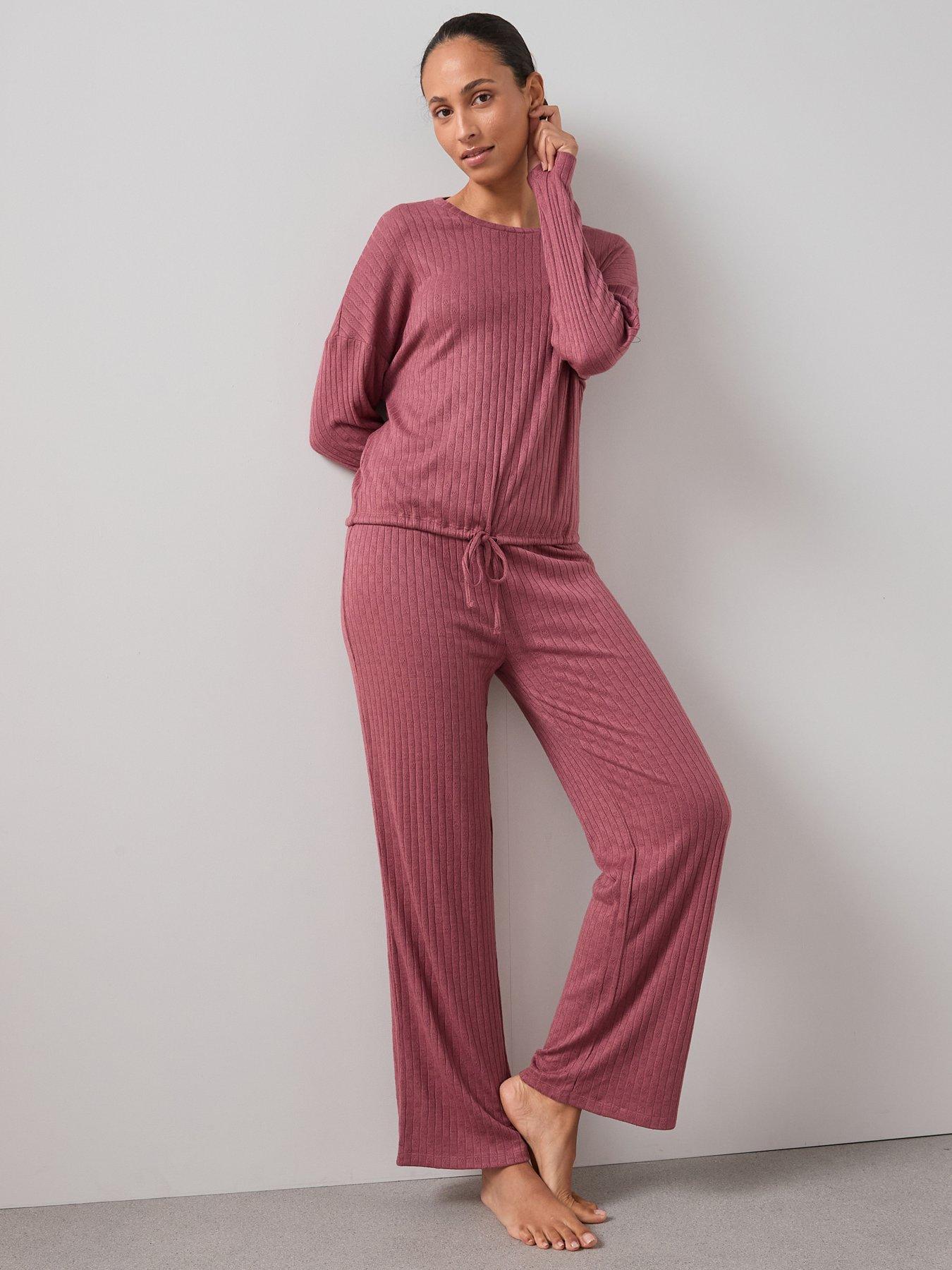 The Very Collection Pointelle Tie Front Ls Op And Wide Leg Bottom Pj Set - Red