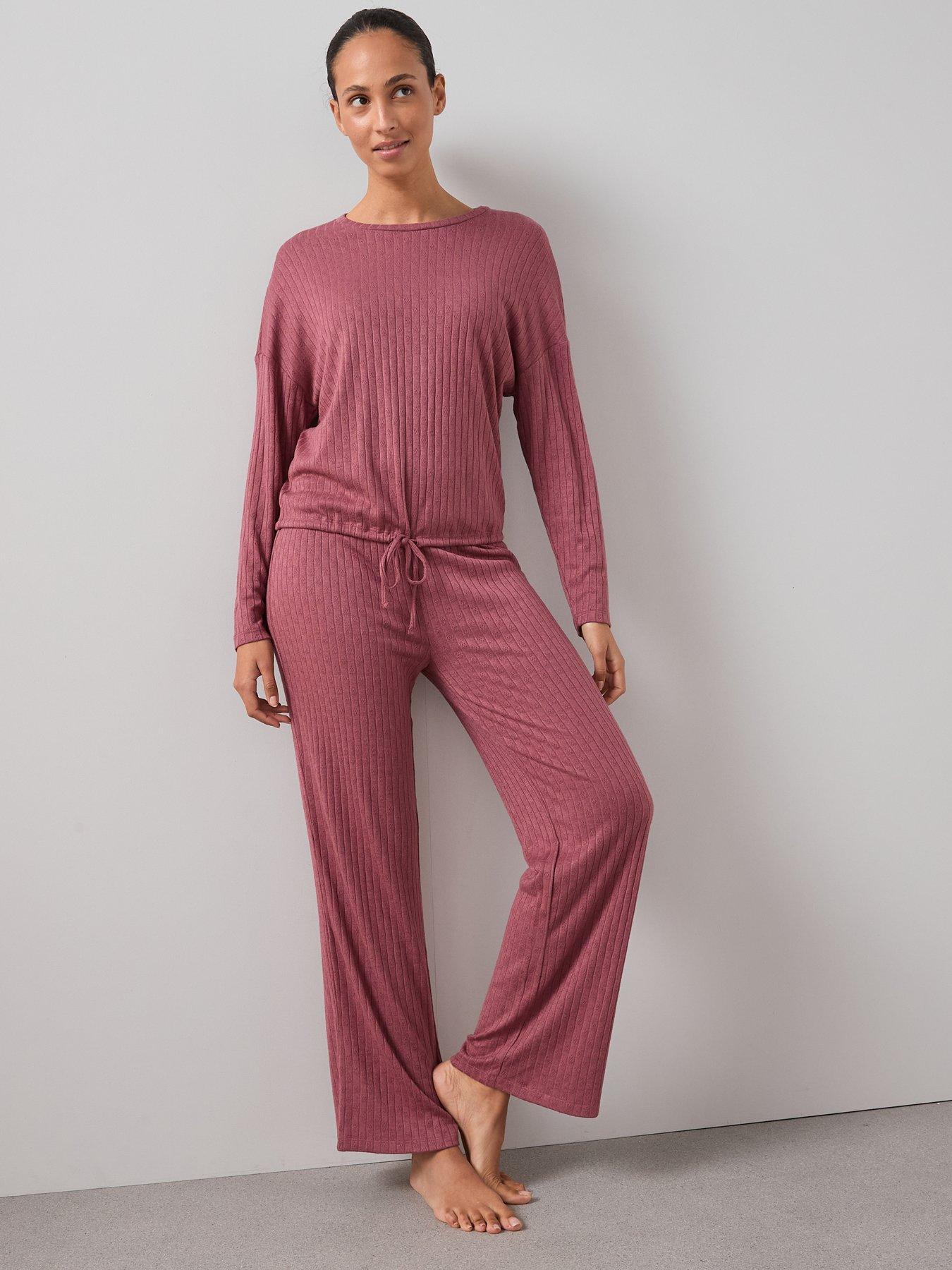 Image 6 of 6 of The Very Collection Pointelle Tie Front Ls Op And Wide Leg Bottom Pj Set - Red