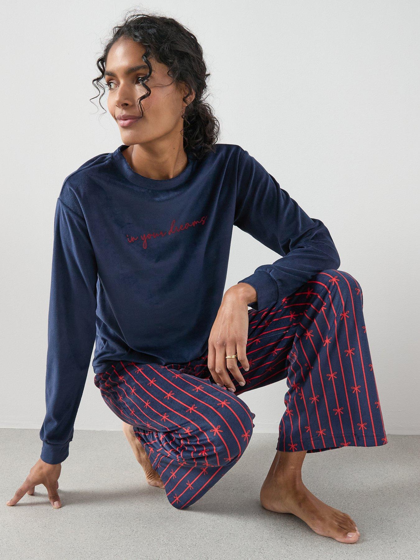 The Very Collection Flock Placement Baby Fleece Top And Ribbon Print Wide Leg Pj Set - Navy