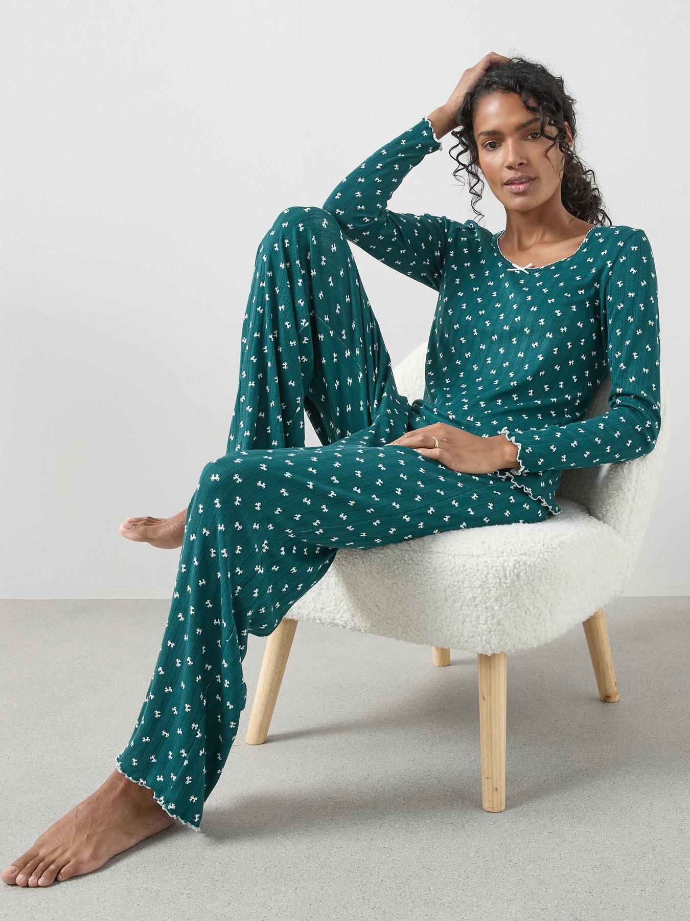 The Very Collection Soft Touch Pointelle Ribbon Print Henley And Wide Leg Pj Set - Green