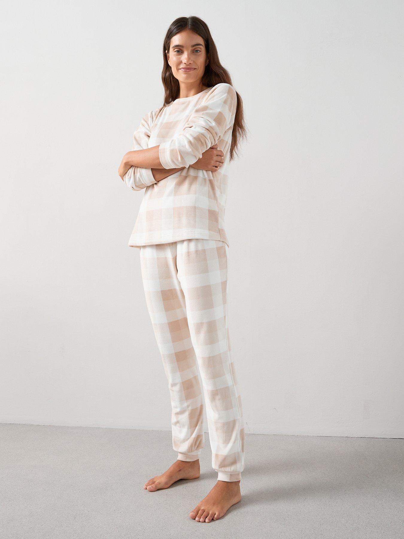 The Very Collection Check Baby Fleece Long Sleeve Top And Jogger Loungewear Set - Beige