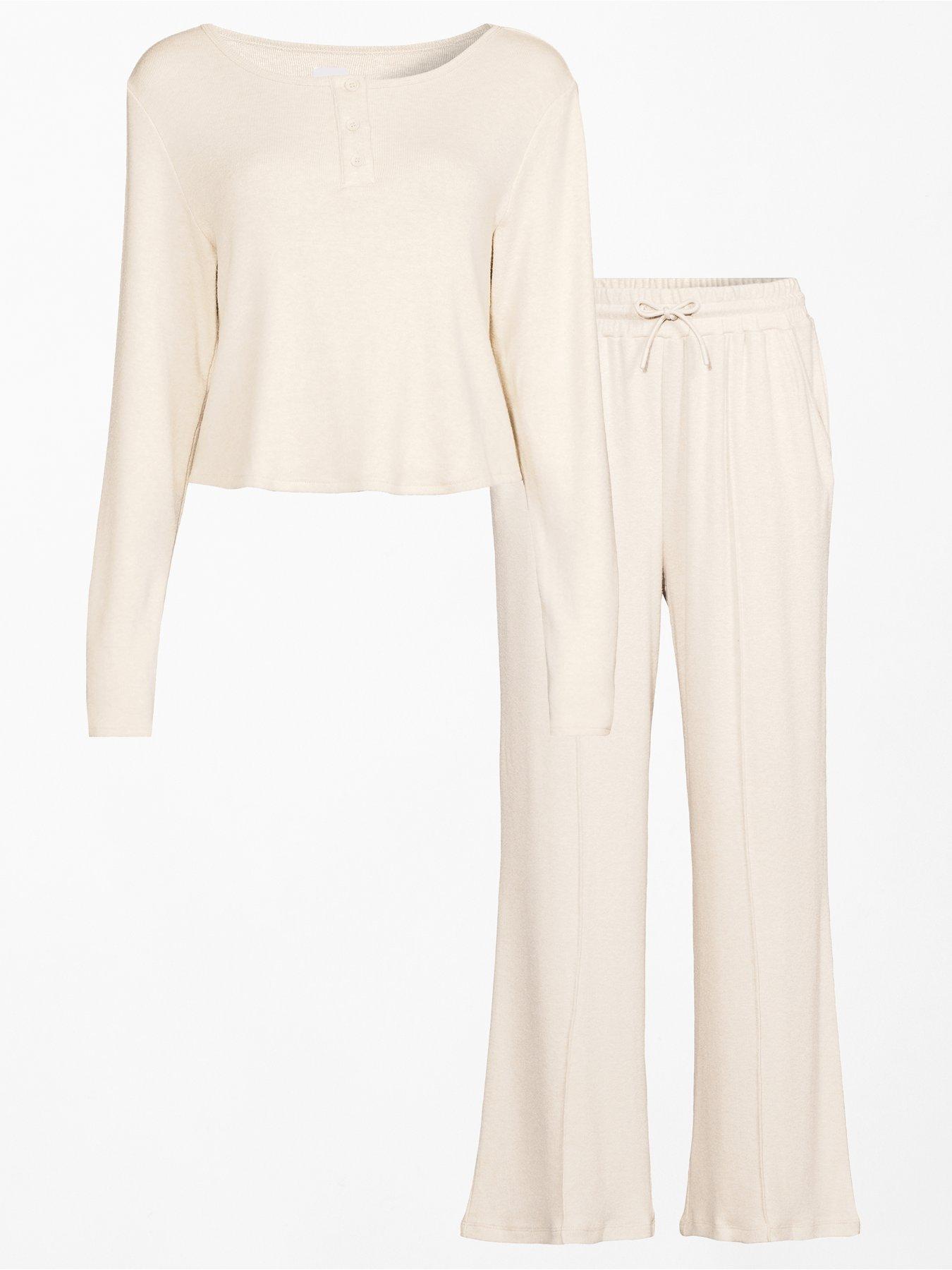 Image 7 of 7 of The Very Collection Soft Touch Slouchy Button Ls Top And Wide Leg Loungewear Set - Cream