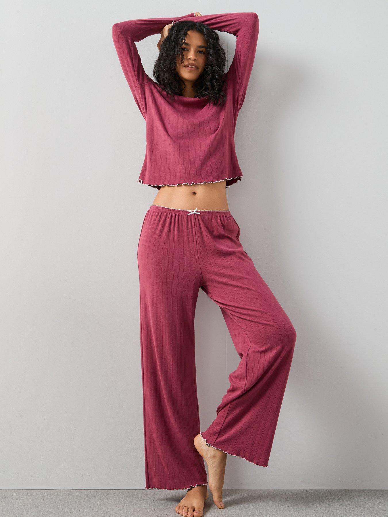 The Very Collection Soft Touch Pointelle Henley and Wide Leg PJ Set - Pink