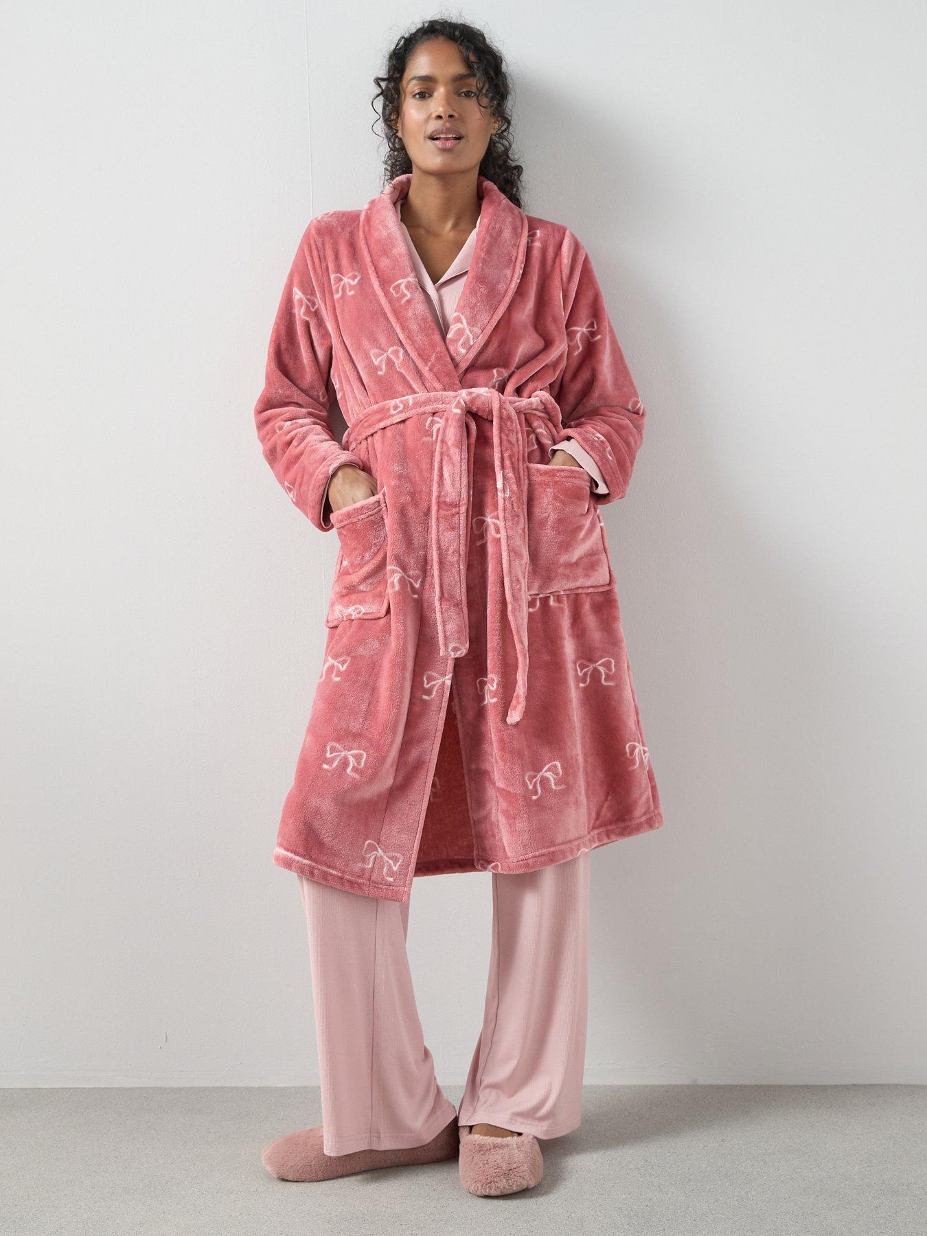Image 1 of 6 of The Very Collection Bow Print Shawl Collar Dressing Gown - Pink