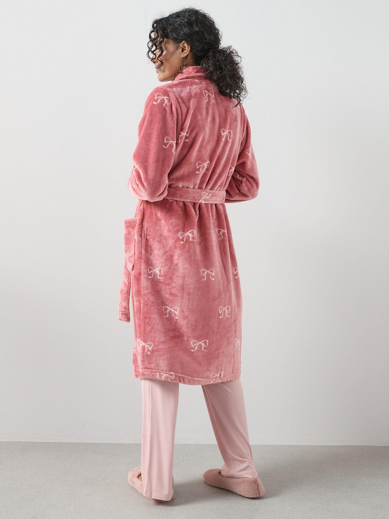 Image 2 of 6 of The Very Collection Bow Print Shawl Collar Dressing Gown - Pink