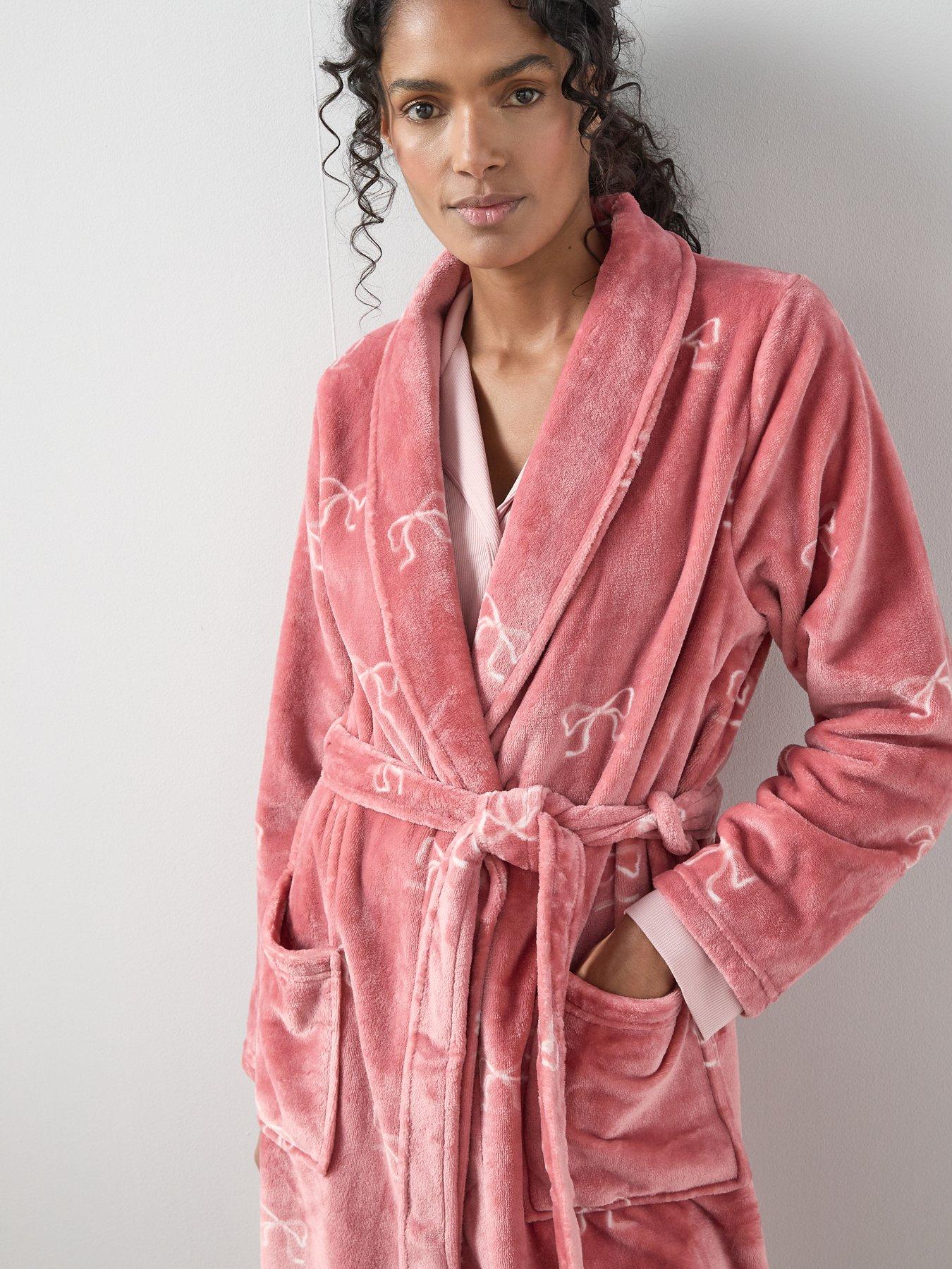 Image 4 of 6 of The Very Collection Bow Print Shawl Collar Dressing Gown - Pink