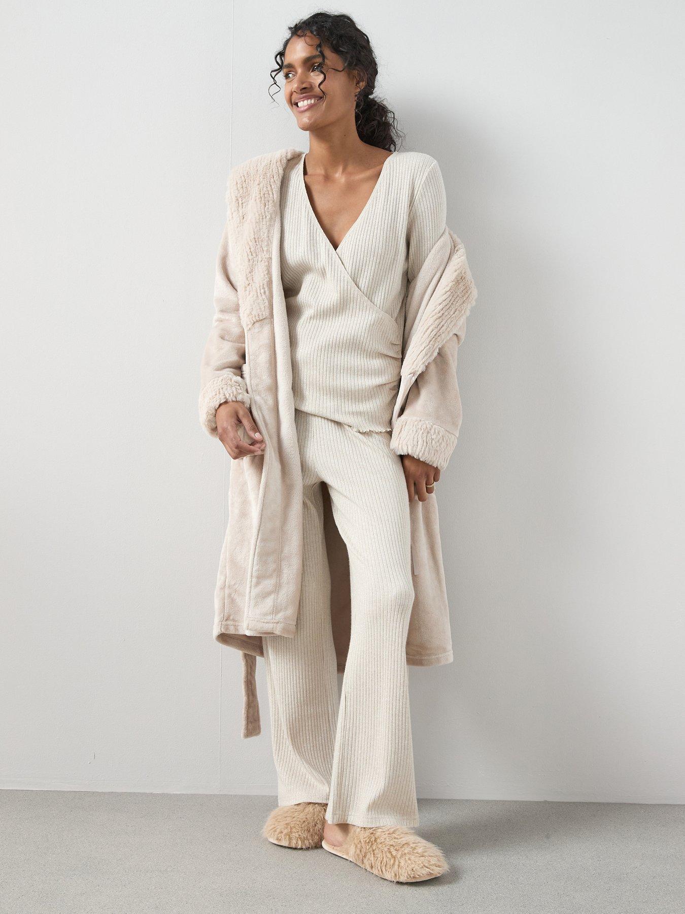The Very Collection Lurex Wrap Long Sleeve Top And Wide Leg Loungewear Set - Beige