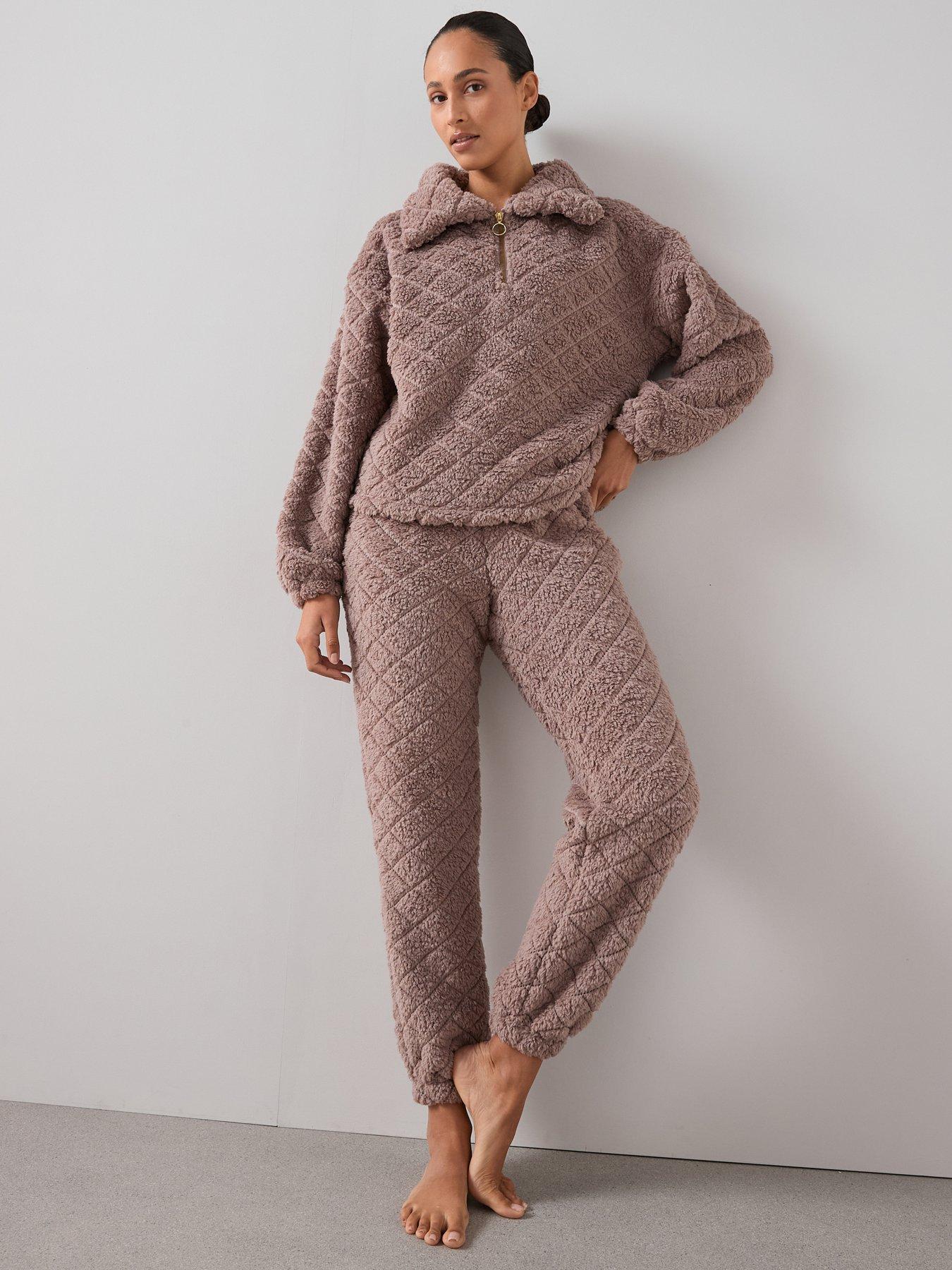 The Very Collection Embossed Borg Quilted Zip Collar Loungewear Set - Brown
