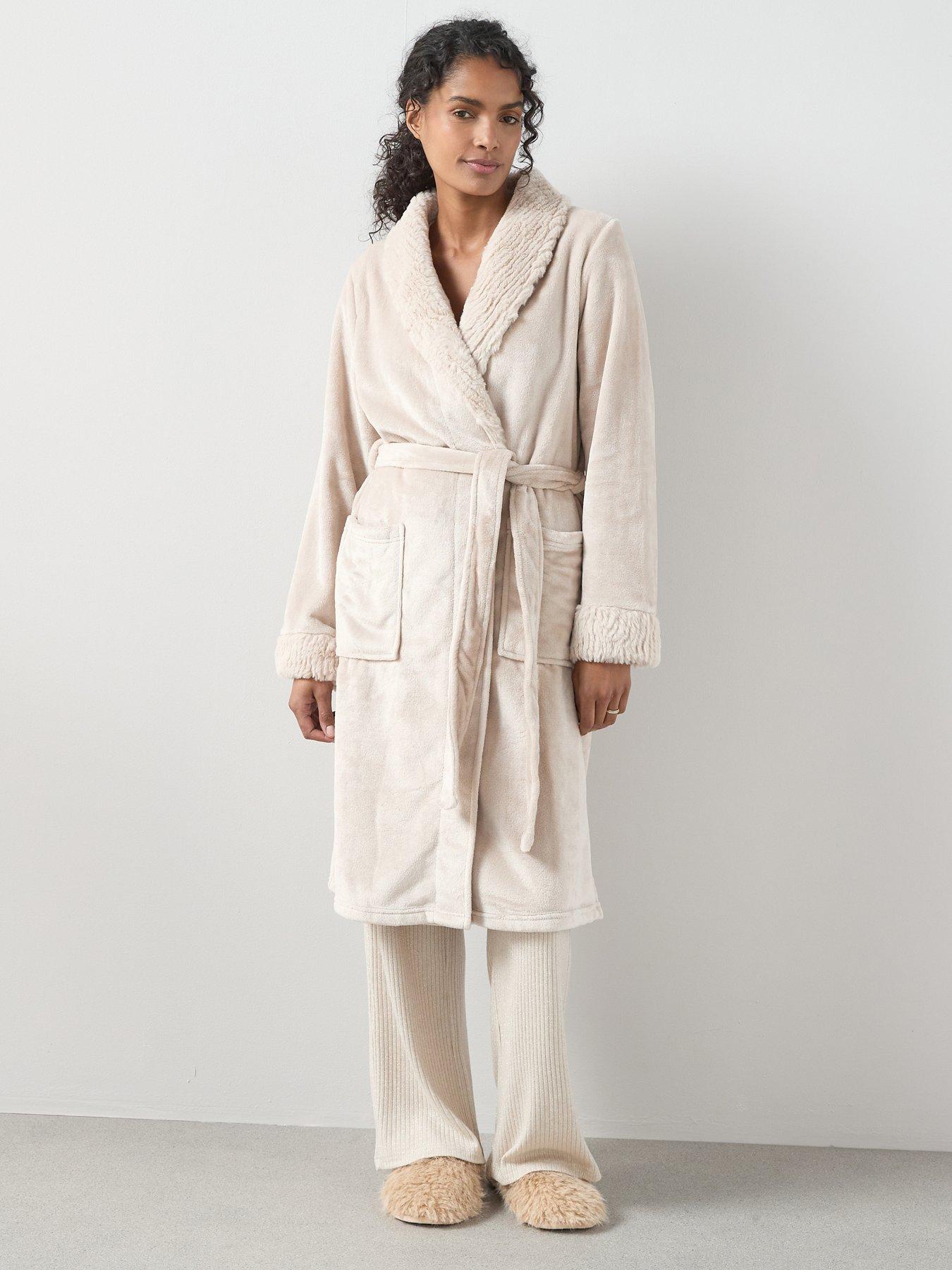 The Very Collection Fur Trim Dressing Gown - Cream