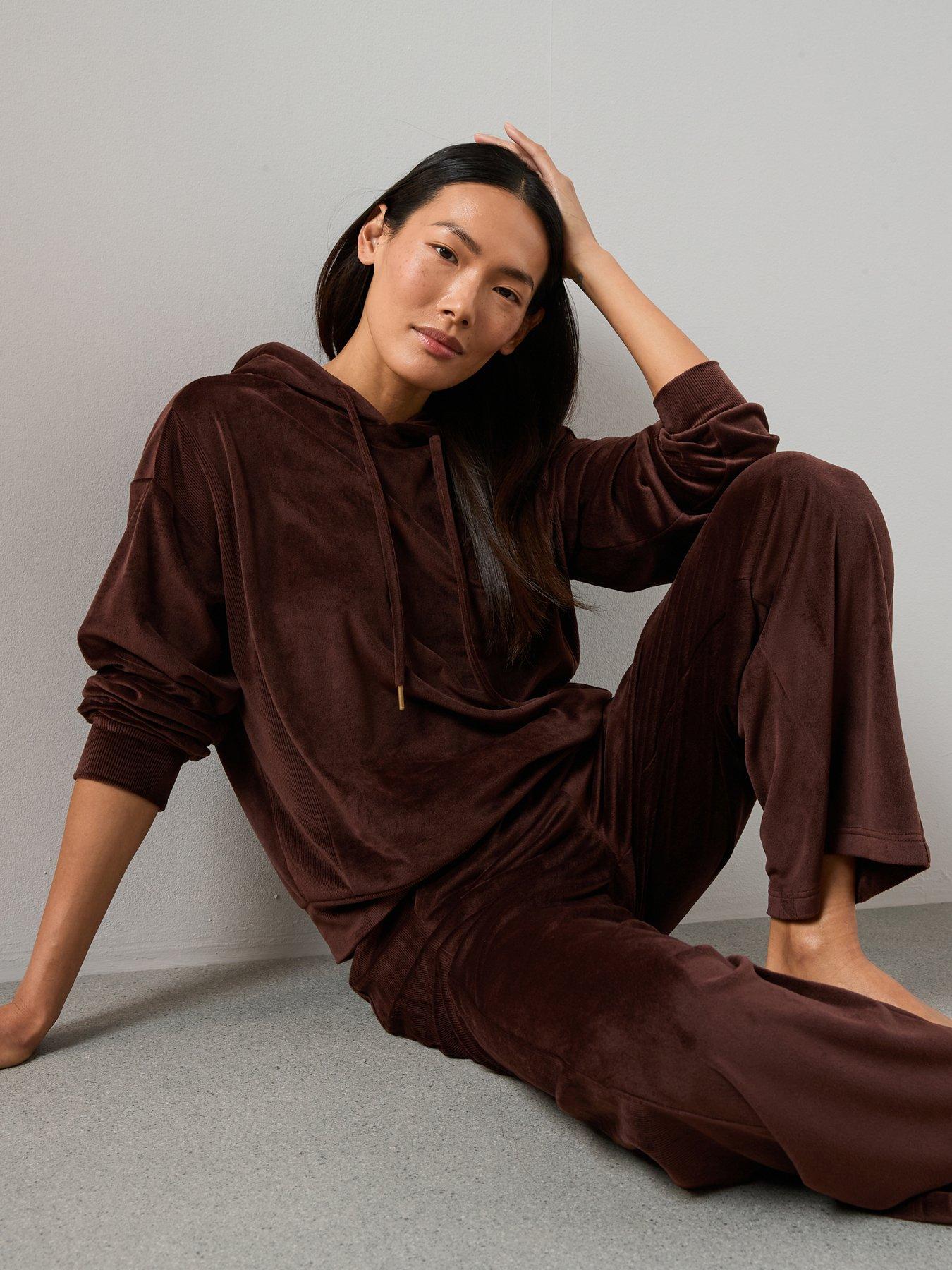 The Very Collection Contrast Velour Hoodie and Wide Leg Loungewear Set - Brown