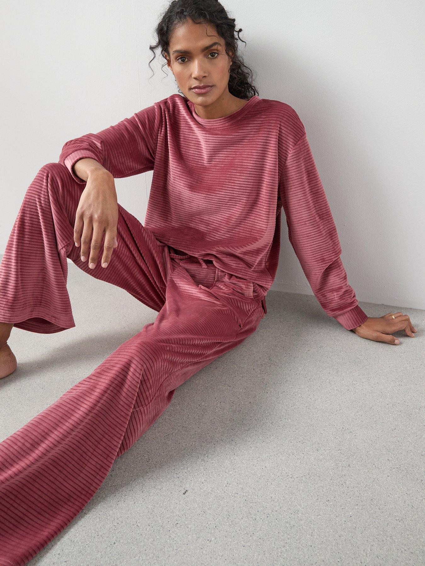 The Very Collection: Velour Long Sleeve Striped Pyjama Set - Pink