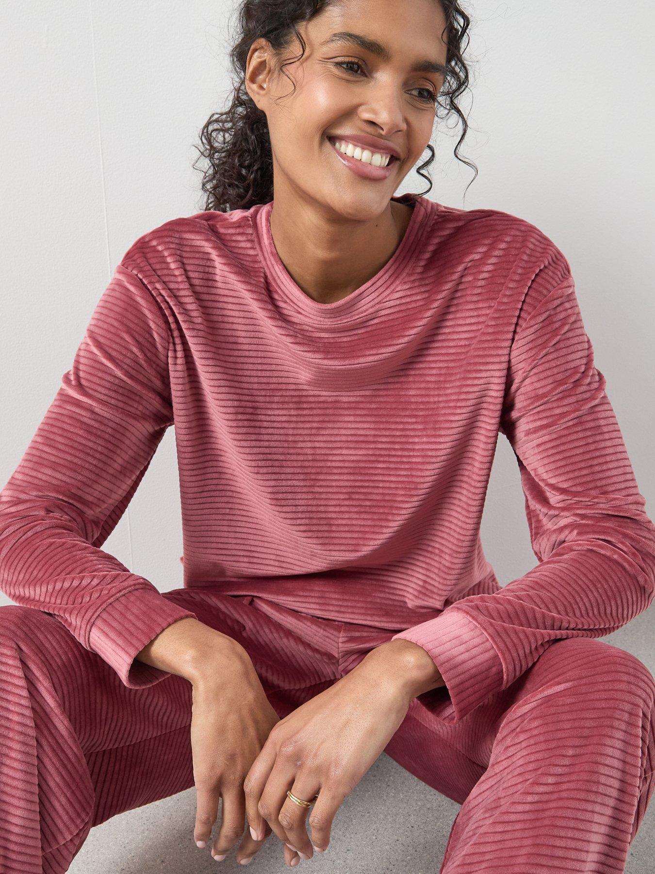 Image 4 of 6 of The Very Collection Velour Long Sleeve Striped Pyjama Set - Pink