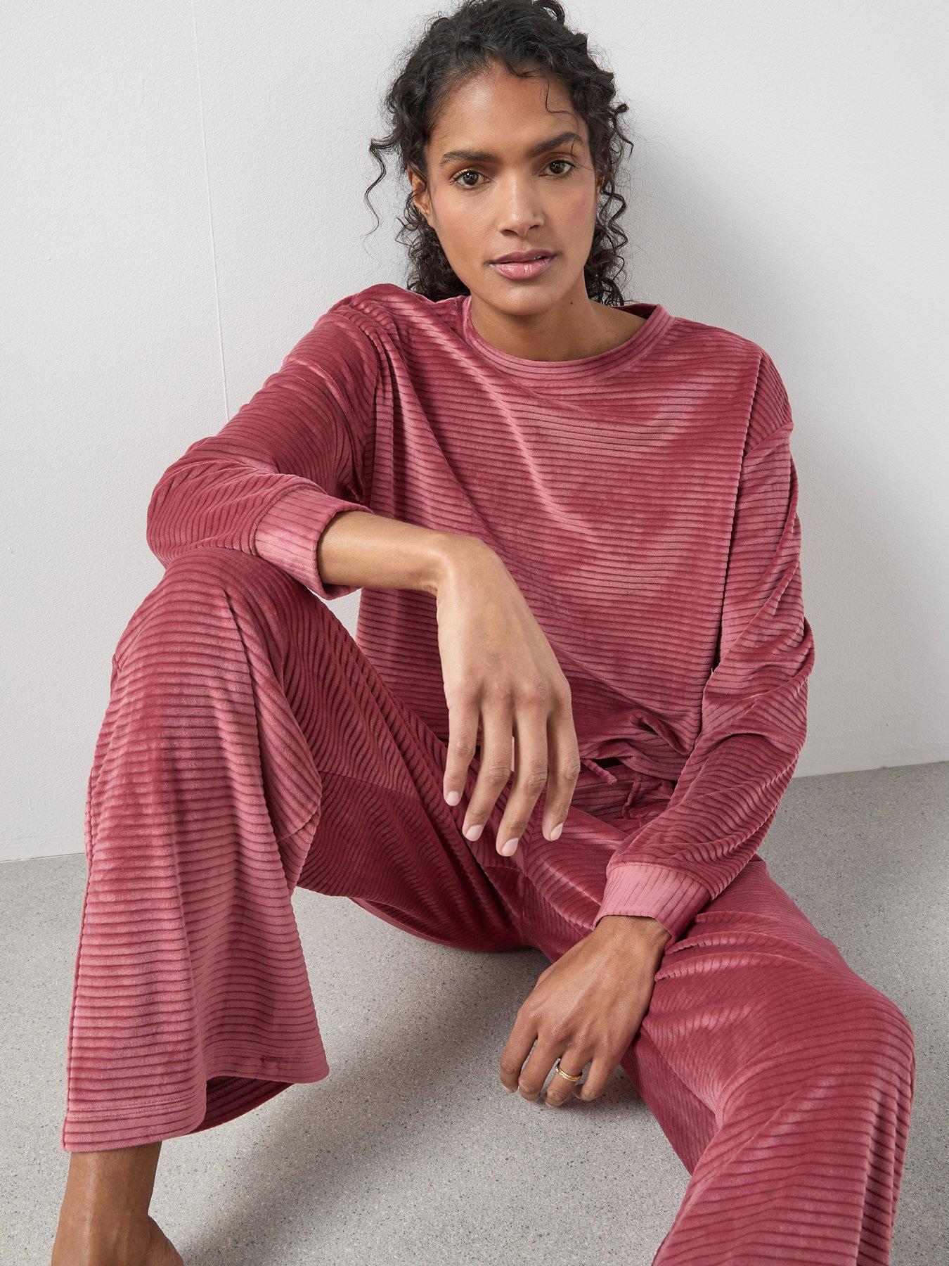 Image 6 of 6 of The Very Collection Velour Long Sleeve Striped Pyjama Set - Pink
