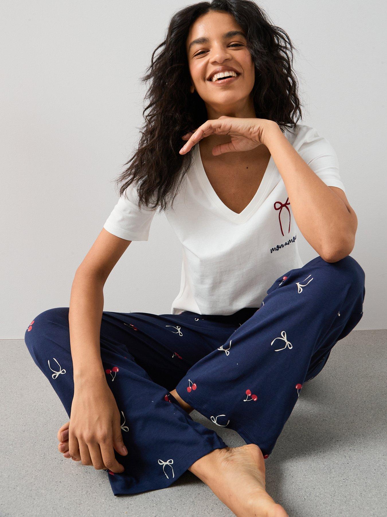 Image 5 of 6 of The Very Collection V Neck Tshirt Bow Wide Leg Pj Set - Navy