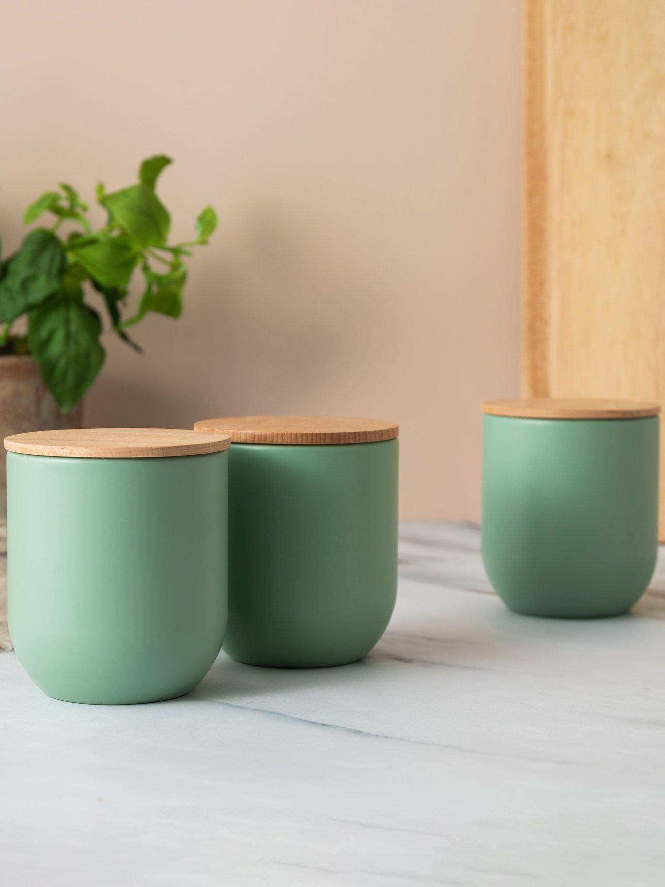 undefined Idilica Set Of 3 Green Kitchen Canisters With Beechwood Lid